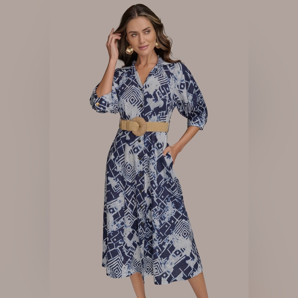 NWT Donna Karan New York LINEN-BLEND PRINTED MIDI SHIRT DRESS Sz 6 - Picture 5 of 16